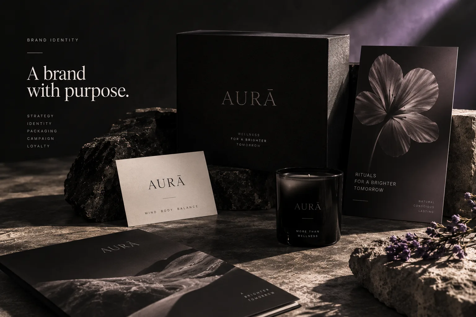 Aura brand identity applied to packaging, cards and print collateral