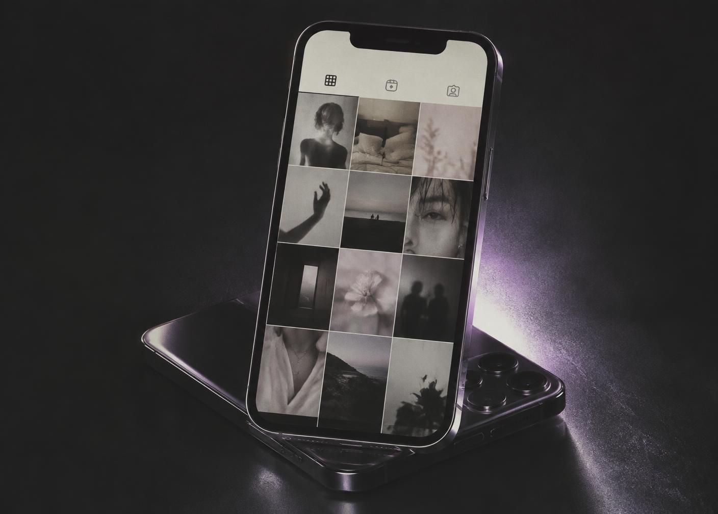 Moody black-and-white editorial content grid displayed on a phone